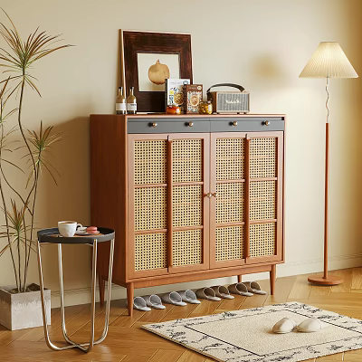 Wooden Shoe Cabinet With Rattan Doors And Decorative Items In Modern Living Space 3d model