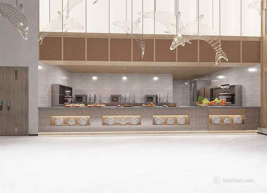 Modern Commercial Kitchen Interior With Workstations And Display Appliances 3d model