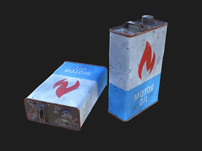 Industrial Equipment Vintage Motor Oil Cans With Blue White Design And Red Flame Logo 3d model