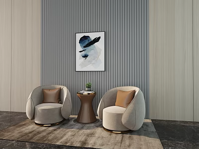 Modern Comfortable Lounge Chairs With Round Side Table And Abstract Painting On Grey Striped Wall 3d model