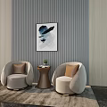 Modern Comfortable Lounge Chairs With Round Side Table And Abstract Painting On Grey Striped Wall