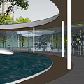 Modern Pergola Structure with Circular Water Feature and Green Trees in Urban Garden