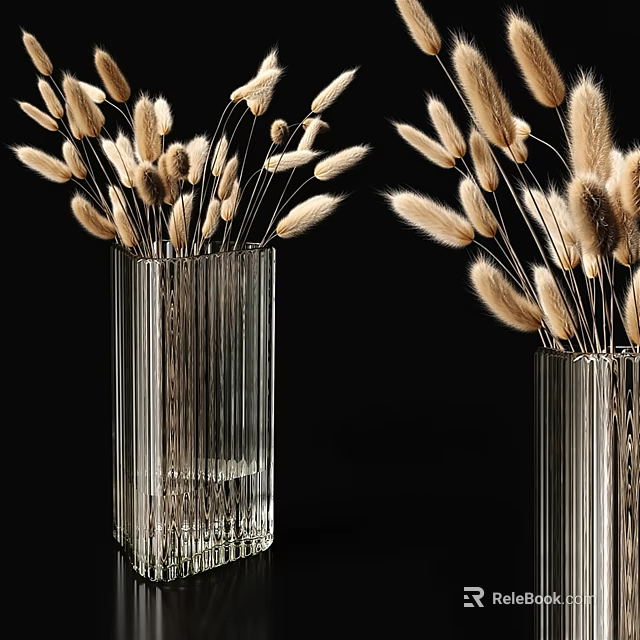 Transparent Vertical Striped Glass Vases Holding Fluffy Dried Flowers on Black Background 3d model 