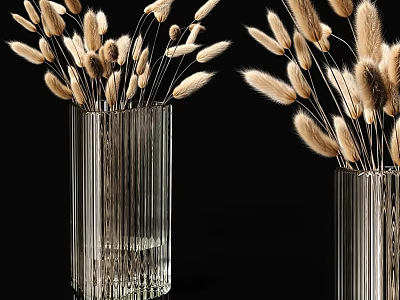 Transparent Vertical Striped Glass Vases Holding Fluffy Dried Flowers on Black Background 3d model