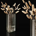 Transparent Vertical Striped Glass Vases Holding Fluffy Dried Flowers on Black Background
