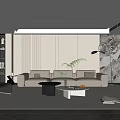 Modern Living Room With Beige Sofa Black Armchair Coffee Table Floor Lamp And Striped Rug