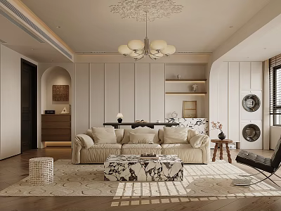 Modern Cozy Living Dining Room Interior With Beige Sofa Patterned Rug And Chandelier 3d model