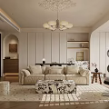 Modern Cozy Living Dining Room Interior With Beige Sofa Patterned Rug And Chandelier