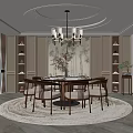 Elegant Restaurant Dining Room With Round Table Wooden Chairs And Chandelier