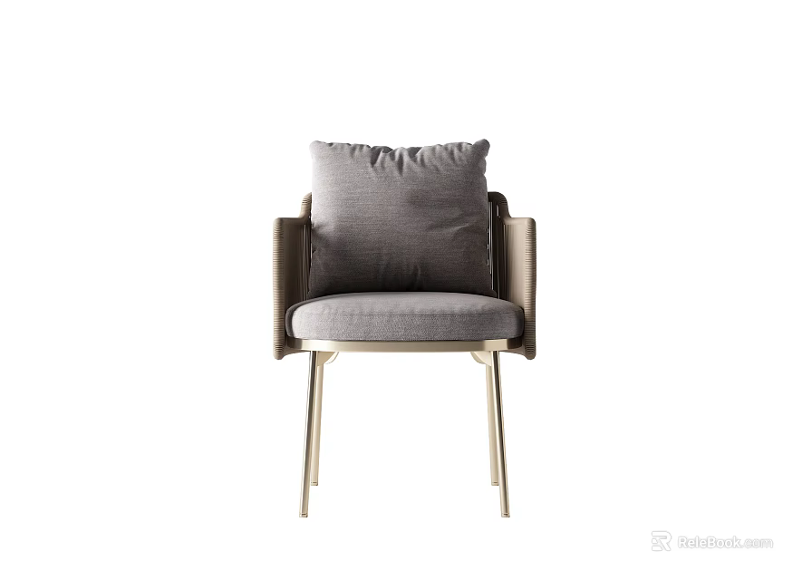 Modern Leisure Chair with Gray Cushion Woven Armrests and Metal Legs Design 3d model 