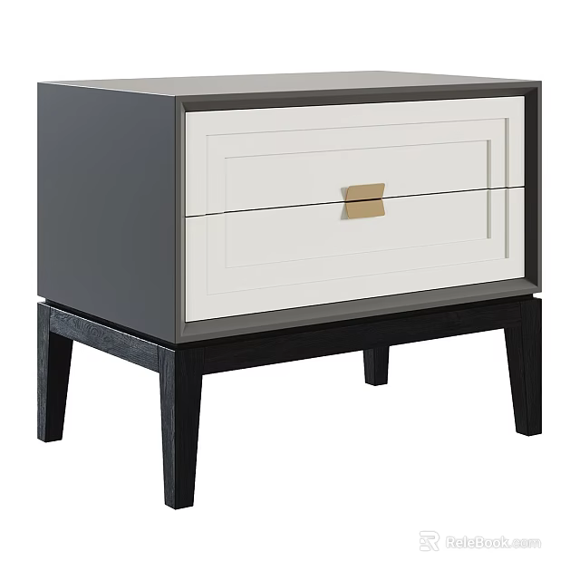 Modern Gray and White Two-Drawer Chest of Drawers with Gold Handle and Black Legs 3d model 