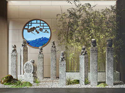 Traditional Garden Ornament With Stone Lion Pillars Bamboo Circular Window Pebbles And Mountain Landscape 3d model