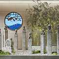 Traditional Garden Ornament With Stone Lion Pillars Bamboo Circular Window Pebbles And Mountain Landscape