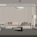 Modern Living Room Interior Design With Beige Sofa Pendant Light Floor Lamp And Green Plant