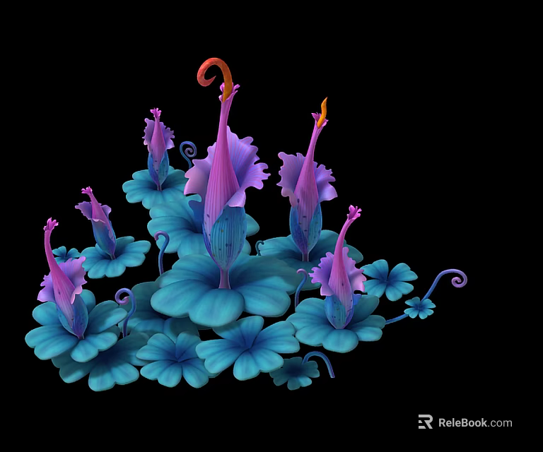 Vibrant Plant with Purple Flowers Blue Leaves and Curled Stamens on Black Background 3d model 