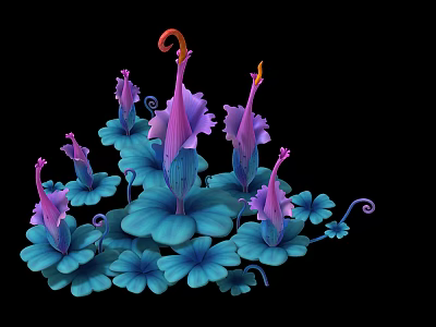 Vibrant Plant with Purple Flowers Blue Leaves and Curled Stamens on Black Background 3d model