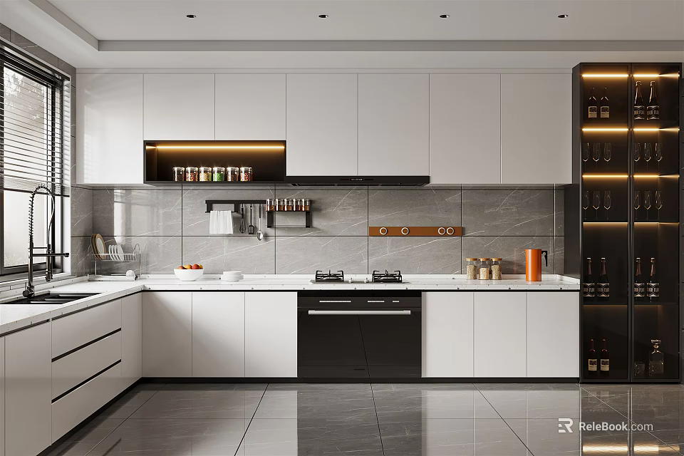 Modern Open Kitchen Interior Design With White Cabinets Black Appliances And Gray Tile Backsplash 3d model 