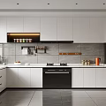 Modern Open Kitchen Interior Design With White Cabinets Black Appliances And Gray Tile Backsplash