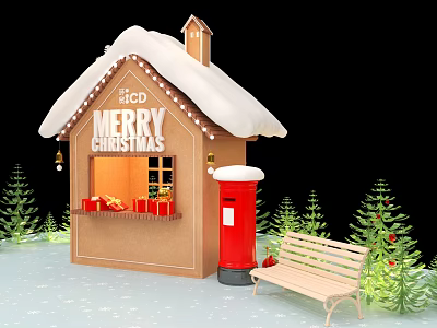 Festive Christmas Gingerbread House Scene With Snowy Roof Red Postbox Bench And Trees 3d model