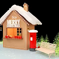 Festive Christmas Gingerbread House Scene With Snowy Roof Red Postbox Bench And Trees