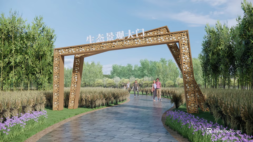 Ecological Landscape Entrance Gate With Wooden Carved Arch Green Plants And Stone Path 3d model 