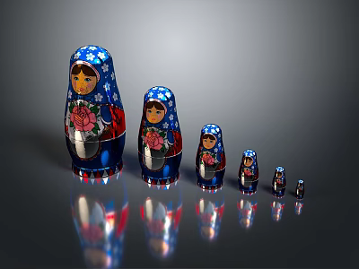Traditional Blue Matryoshka Dolls with Floral Patterns in Different Sizes for Home Decor 3d model