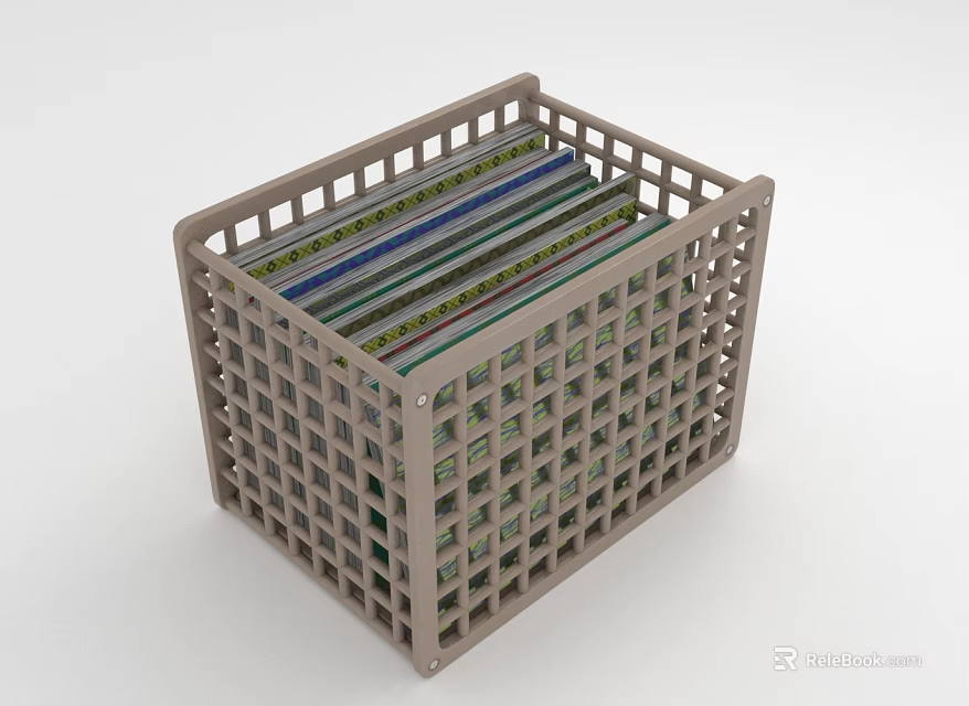 Gray Grid Style Storage Basket with Colorful Files and Magazine Organizer 3d model 