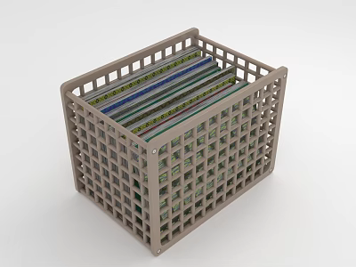 Gray Grid Style Storage Basket with Colorful Files and Magazine Organizer 3d model