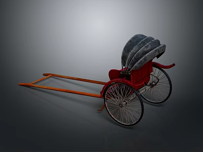 Vintage Rickshaw Design With Red Body Gray Seat And Large Wheels Long Shafts 3d model
