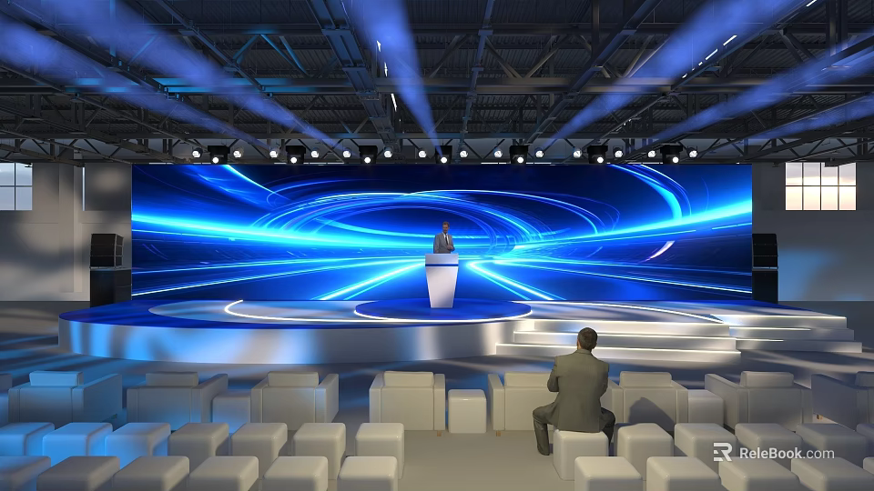 Modern Stage With Large Blue Illuminated Screen Circular Light Lines Podium White Seats And Audience 3d model 