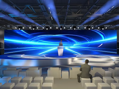 Modern Stage With Large Blue Illuminated Screen Circular Light Lines Podium White Seats And Audience 3d model