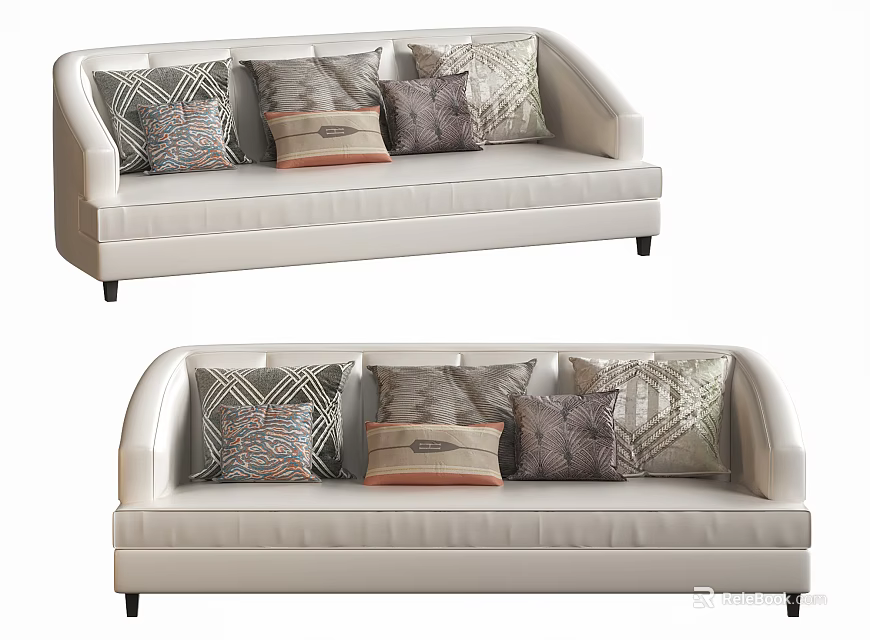 White Multi Seat Sofa With Decorative Patterned Pillows And Modern Design 3d model