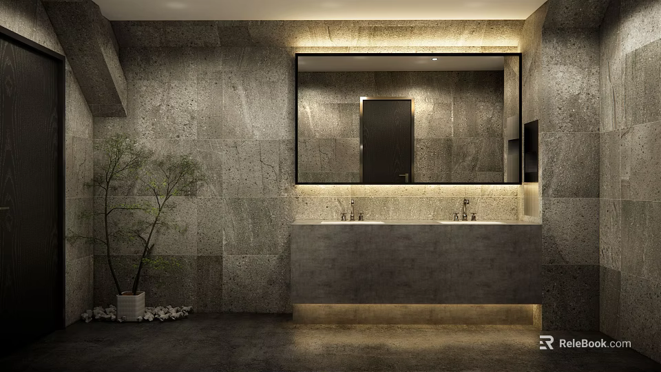 Modern Tea House Interior With Stone Walls Warm Lighting Mirror And Potted Plant 3d model 