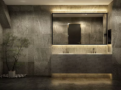 Modern Tea House Interior With Stone Walls Warm Lighting Mirror And Potted Plant 3d model