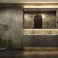 Modern Tea House Interior With Stone Walls Warm Lighting Mirror And Potted Plant