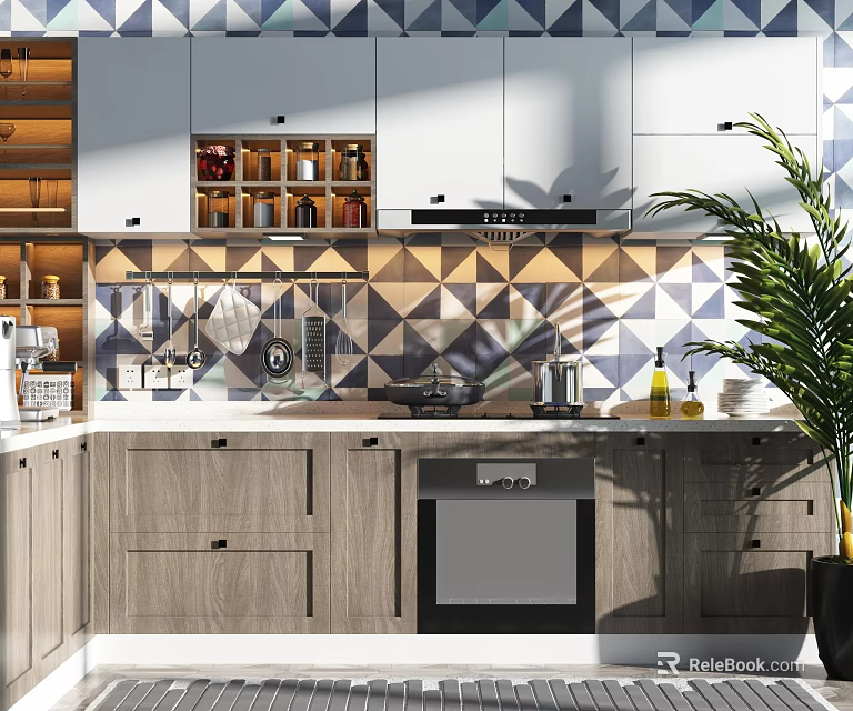 Modern Kitchen Interior With Light Wood Cabinets Geometric Tile Backsplash And Oven 3d model 