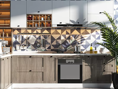 Modern Kitchen Interior With Light Wood Cabinets Geometric Tile Backsplash And Oven 3d model
