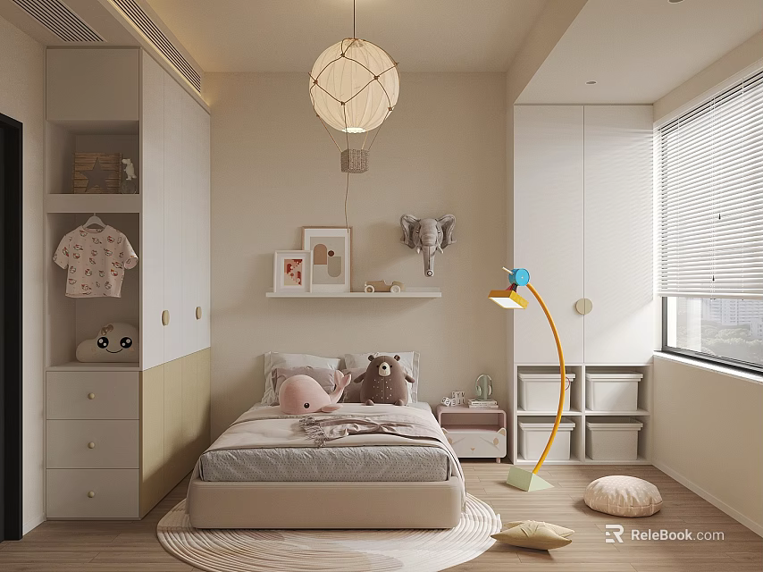 Cozy Modern Kids Room Interior With Bed Stuffed Toys Wardrobe And Pendant Light 3d model 