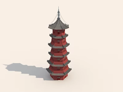 Traditional Chinese Tower With Multi Story Structure Red Body Gray Roof And Ornate Eaves 3d model