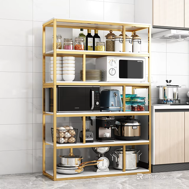 Golden Kitchen Storage Shelf in Modern Kitchen with Bottles Jars Dishes Microwave and Cookware 3d model 
