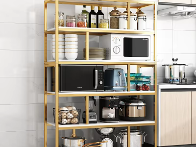 Golden Kitchen Storage Shelf in Modern Kitchen with Bottles Jars Dishes Microwave and Cookware 3d model