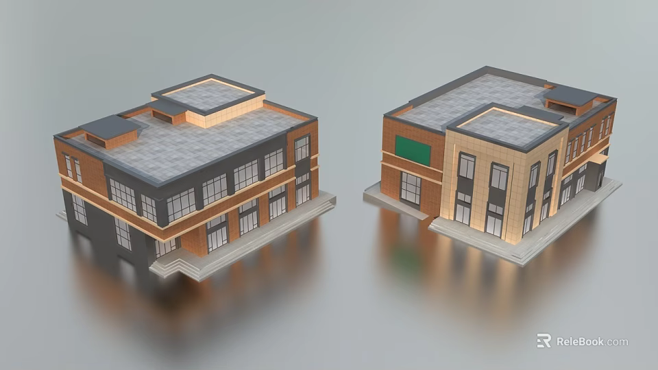 Contemporary Commercial Complex With Brick And Stone Facade Flat Roof And Large Windows 3d model 