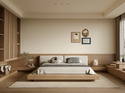 Minimalist Natural Bedroom Interior With Wooden Bed Decorative Paintings Wooden Nightstand And Cozy Rug 3d model