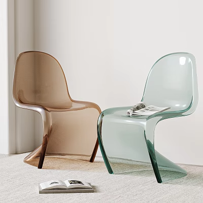 Modern Minimalist Transparent Leisure Chairs In Brown And Light Green With Magazine On White Background 3d model