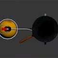 Cooking Equipment Set Including Yellow Container Red Lid And Black Frying Pan On Metal Stand