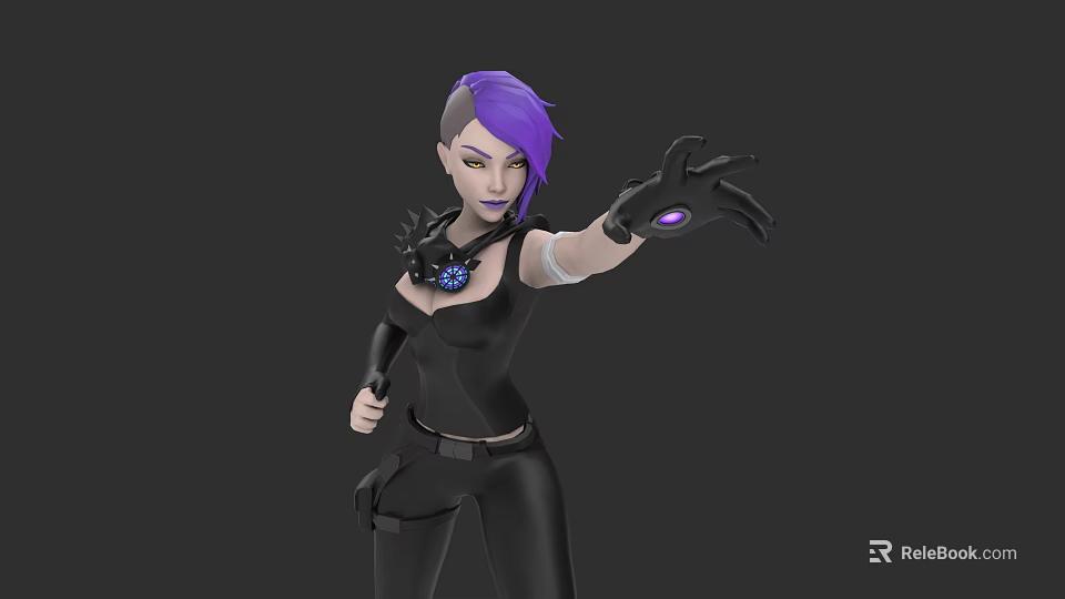 Woman with purple short hair in black tight outfit extending hand with purple glowing glove 3d model 