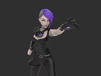 Woman with purple short hair in black tight outfit extending hand with purple glowing glove 3d model