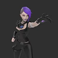 Woman with purple short hair in black tight outfit extending hand with purple glowing glove