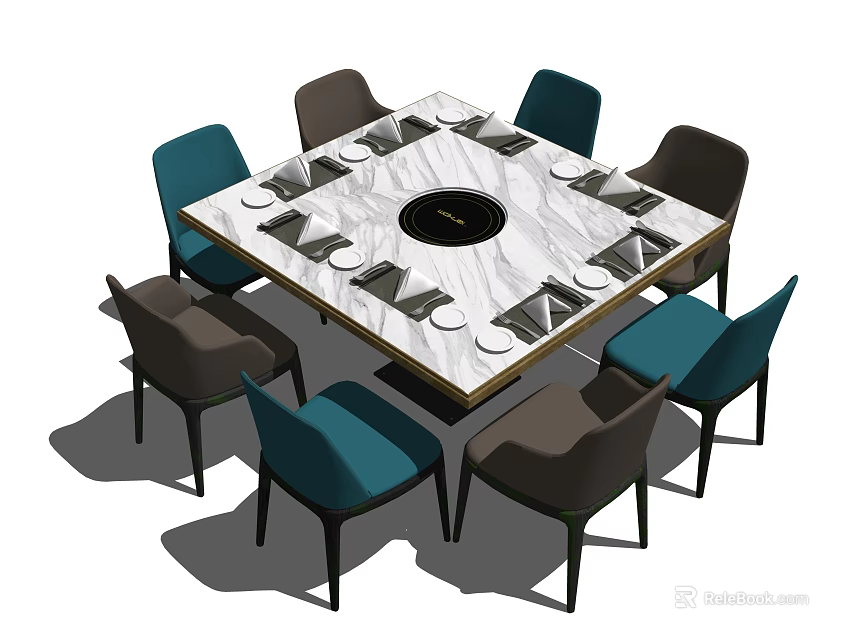 Modern Round Dining Table Set With Marble Tabletop Rotating Center And Eight Blue Brown Chairs 3d model 