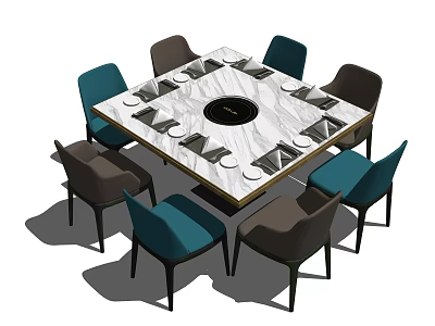 Modern Round Dining Table Set With Marble Tabletop Rotating Center And Eight Blue Brown Chairs 3d model